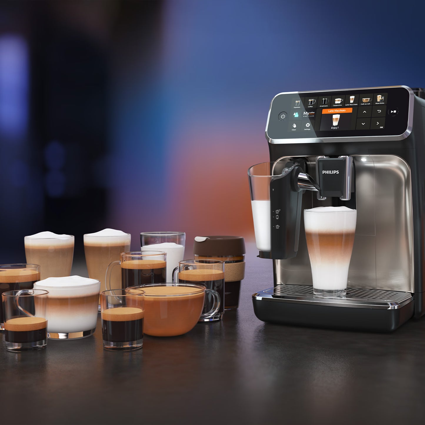 Kaffeevollautomat 5400 series EP5447/90, LatteGo Milchsystem, 12 Kaffeespezialitäten, mit Milchaufschäumer, Intuitives Touchdisplay, Keramikmahlwerk - 15 bar - Schwarz/Chrom