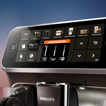 Kaffeevollautomat 5400 series EP5447/90, LatteGo Milchsystem, 12 Kaffeespezialitäten, mit Milchaufschäumer, Intuitives Touchdisplay, Keramikmahlwerk - 15 bar - Schwarz/Chrom