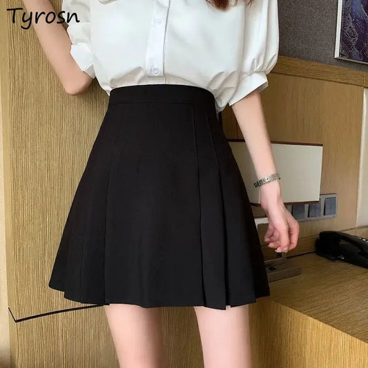 Pleated Skirts Women Harajuku All-match Girlish Hot Sale Empire Mini Skirt Elegant Solid Black JK Faldas Mujer S-4XL Minimalist
